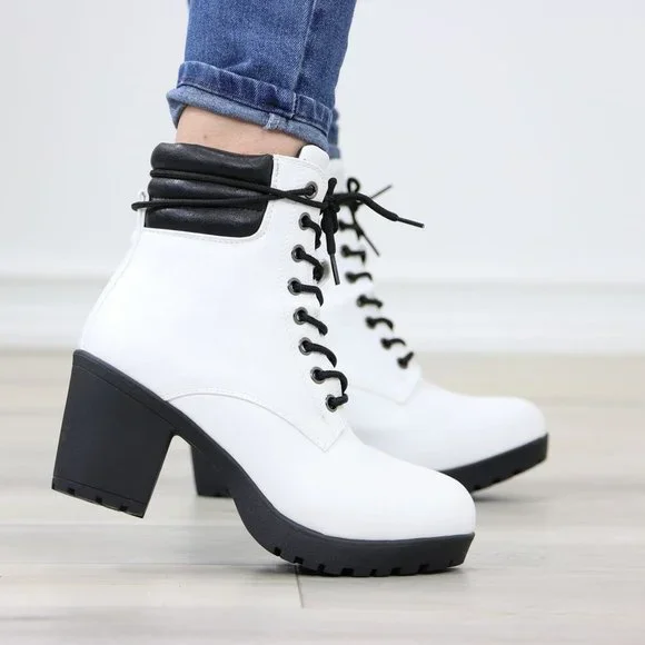 White Ankle Boots Lug Chunky Block High Heel Lace-Up Faux Leather - Picture 7 of 12